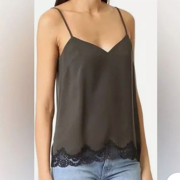 Theory Sakshee Calla Green Cami With Elegant Black Lace Trim sz L - Picture 1 of 9